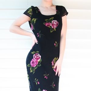 S Long Black Dress with Pink Floral Print